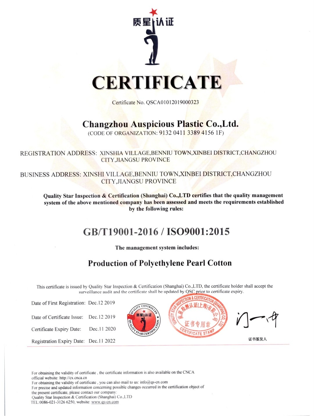 China Changzhou Auspicious Plastic Co., Ltd. Certification